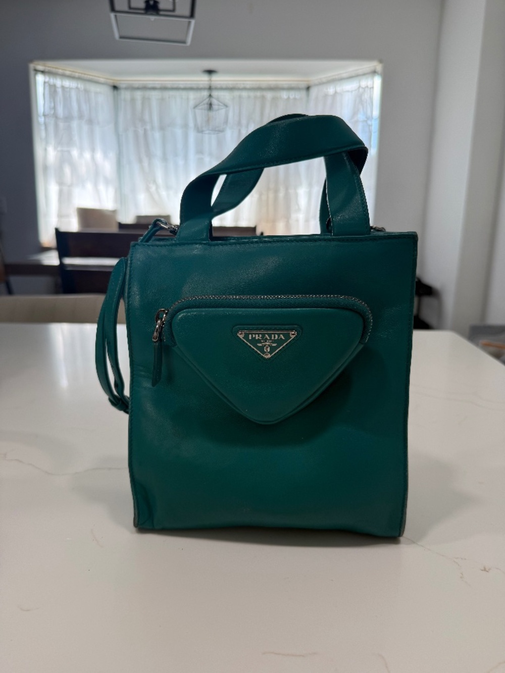PRADA Convertible Triangle Pocket Shopping Tote Nappa Leather Mini Teal